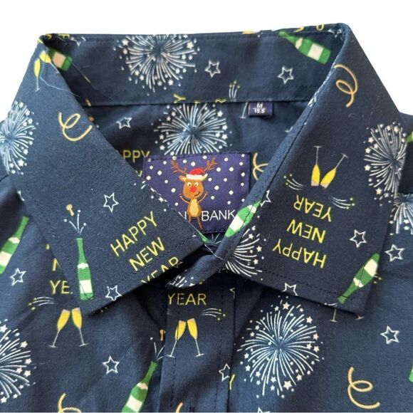 Simon Banks Happy New Year Holiday Collection Button Down Shirt Size M 15.5 - Picture 3 of 9